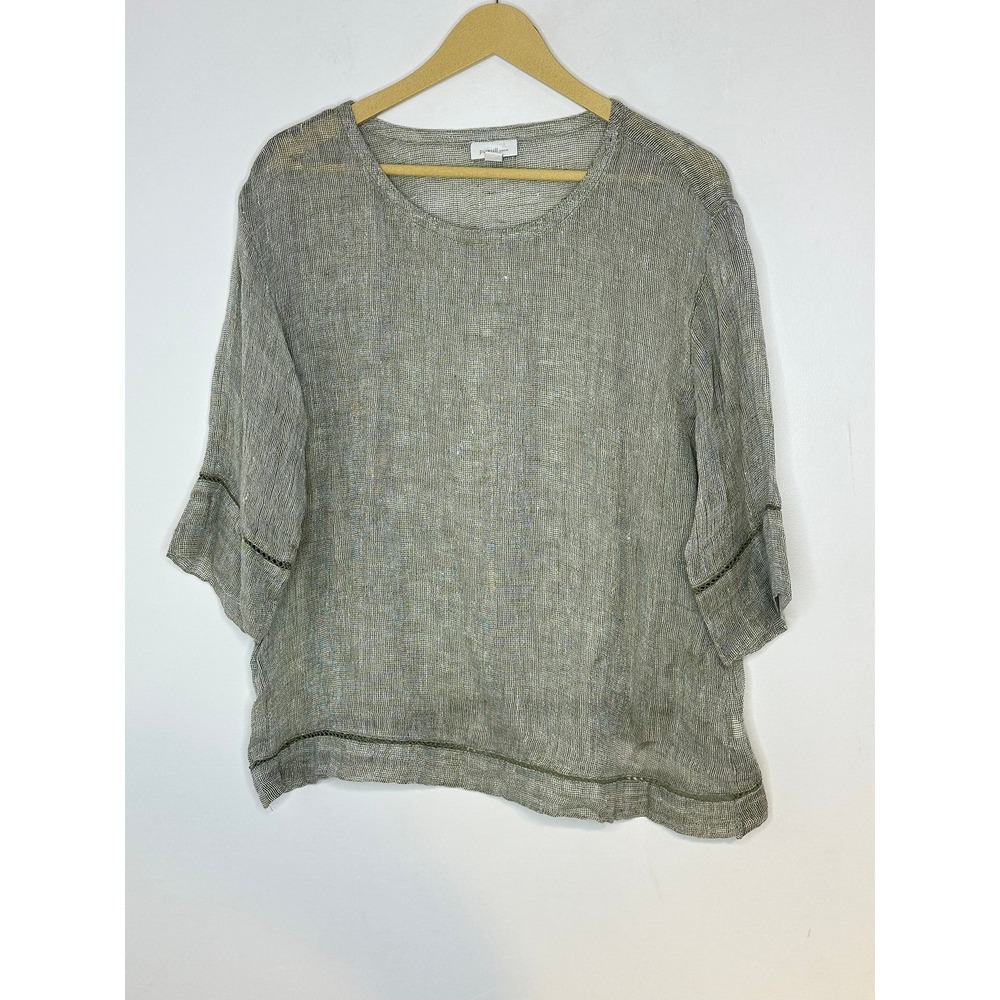 Pure Jill Top Womens M Green Linen Sheer Crochet Trim Boxy Coastal Lagenlook